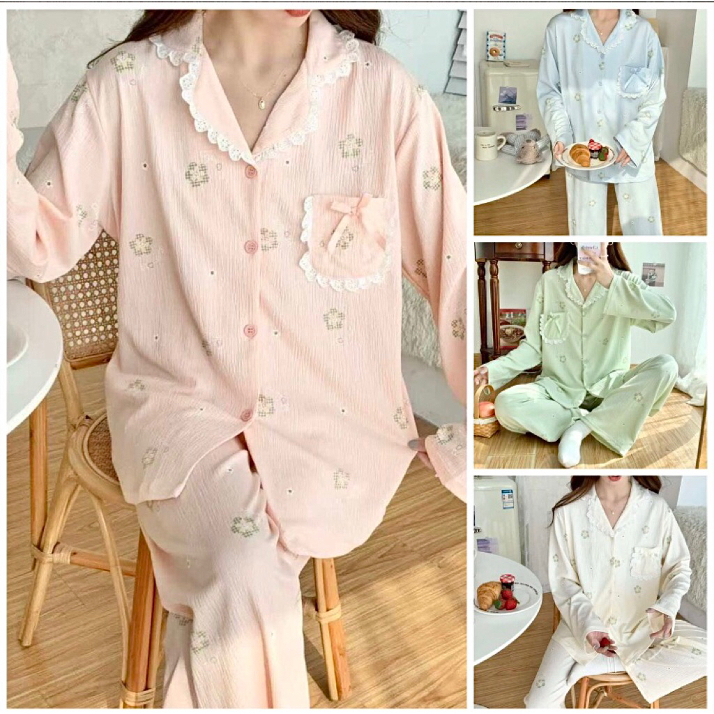 Larissa Sleepwear,Baju Tidur Wanita Kualitas Premium,Piyama Lengan Panjang,Pajamas,Cotton Impor,Kore