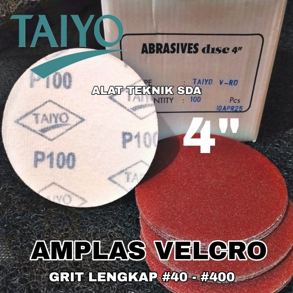 1Kotak 100 Pcs Amplas Tempel Bulat Taiyo 4 Inch Velcro Disc TAIYO 4" Grit 60-400 Isi 100 Lembar