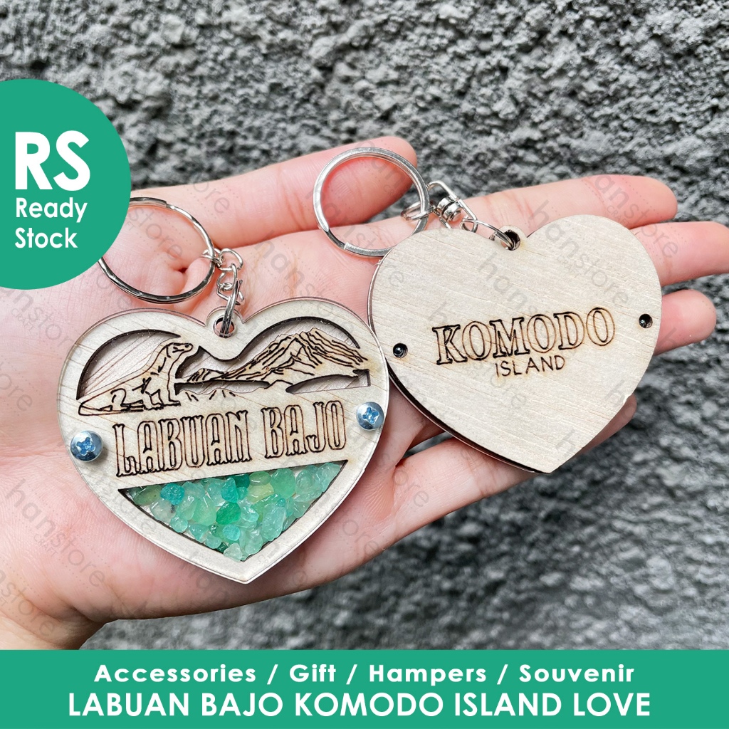 RS LABUAN BAJO KOMODO ISLAND LOVE Keychain / Gantungan Kunci Kayu & bunga / East Nusa Tenggara / Lab