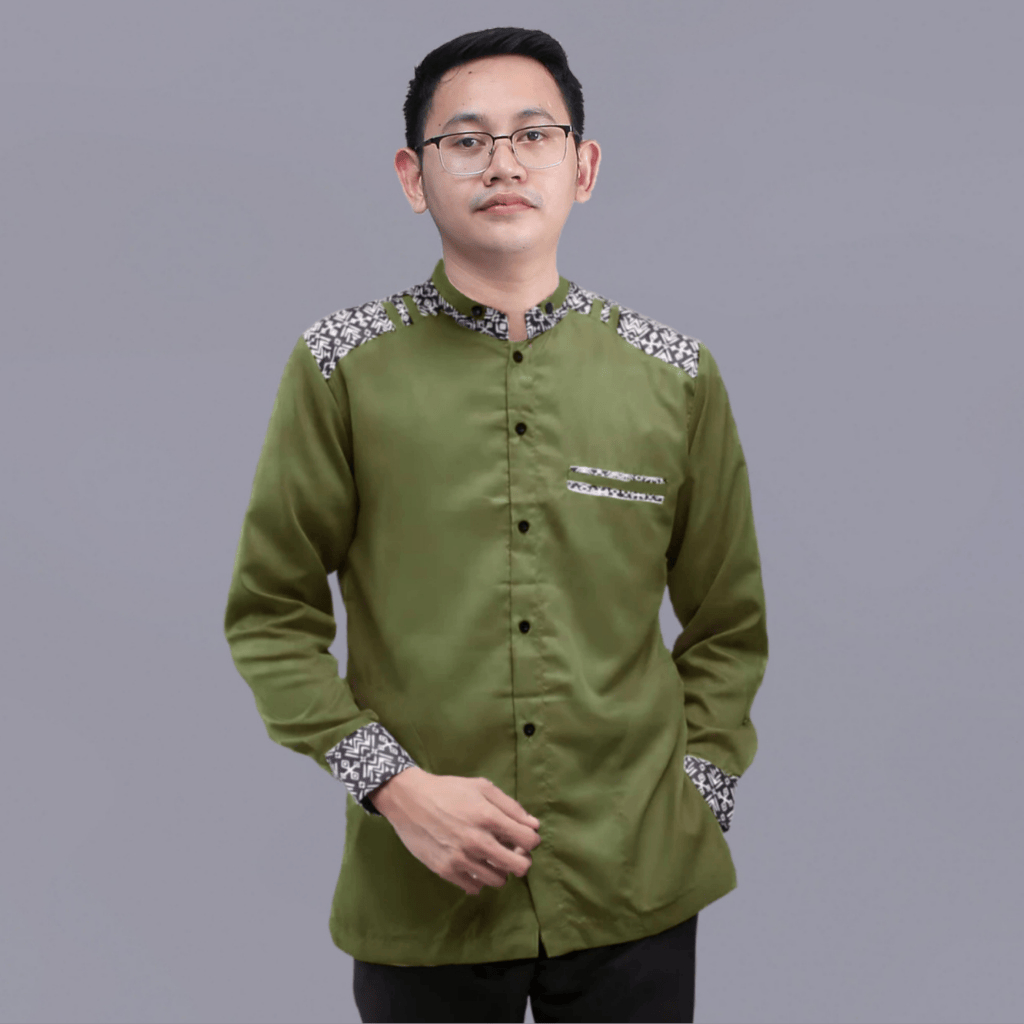 Baju Koko Pria Elrumi Lengan Panjang Motif Adibat Warna Hijau Armi