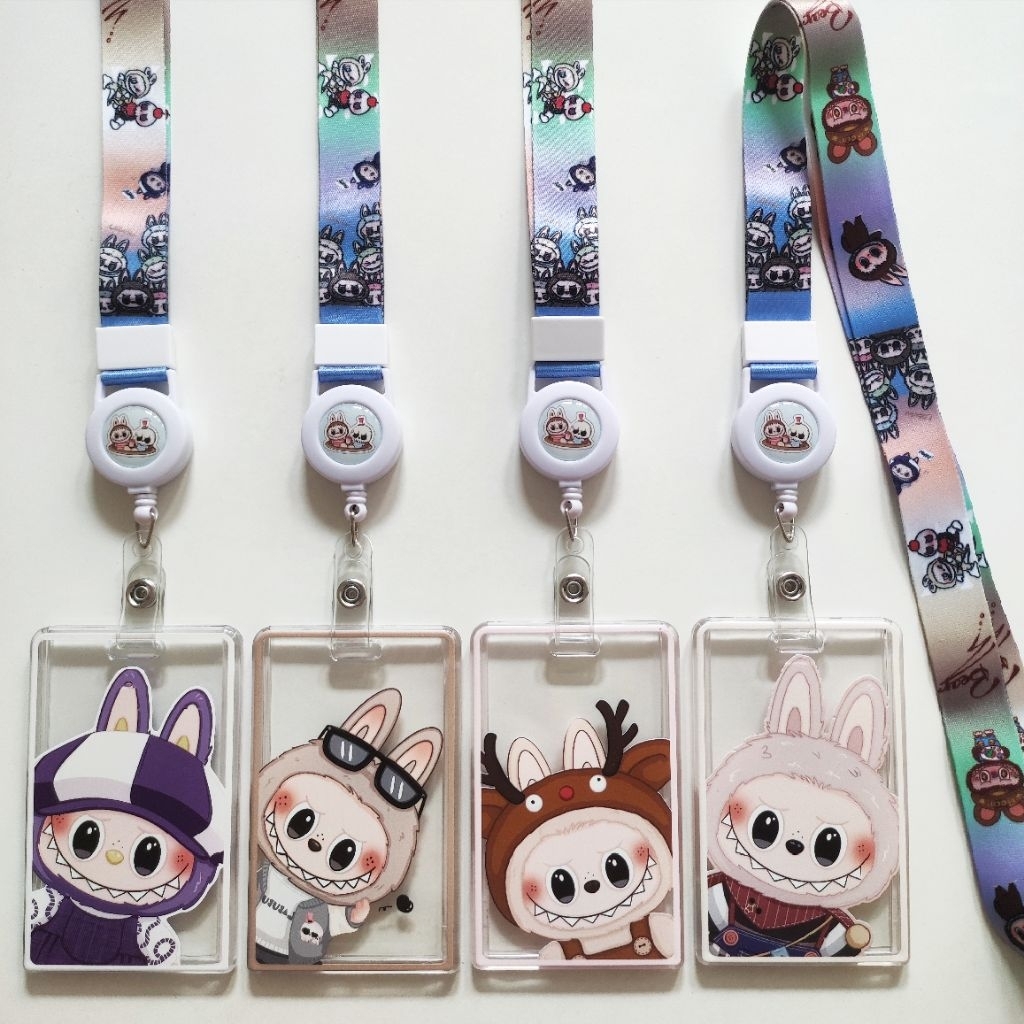 

ID Card Holder Name Tag Lanyard Badge Reel Kalung Wadah Kartu Identitas Tap E-money Cute Labubu Doll Motif Boneka Labubu Lucu