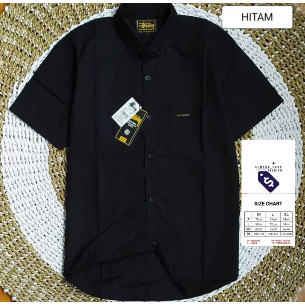 kemeja pria warna hitam kemeja lengan pendek  motif polos kasual bahan katun premium Hem pria kemeja
