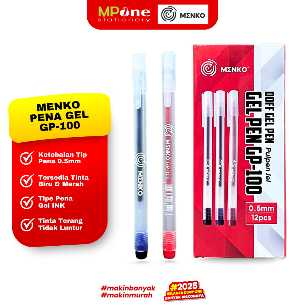 

(1 KOTAK) Menko Pena Gel GP-100 Tinta Merah & Biru 0,5mm / Pulpen Gel Murah Warna Merah/Biru @Isi 12PCS MENKO