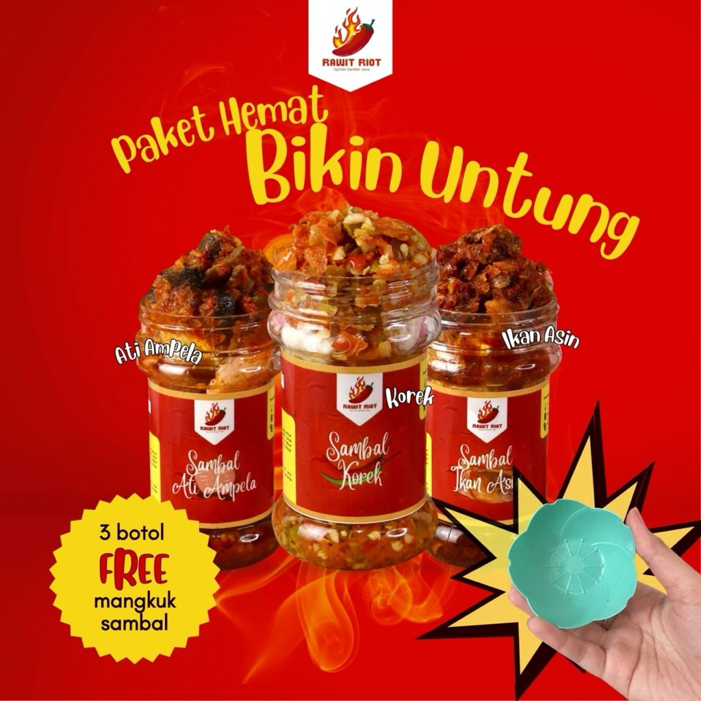 

RAWIT RIOT - [PAKET HEMAT BIKIN UNTUNG] 3 Botol FREE Mangkuk Sambal Ati Ampela, Sambal Ikan Asin, Sambal Korek 130gr Sambel Botol Siap Saji
