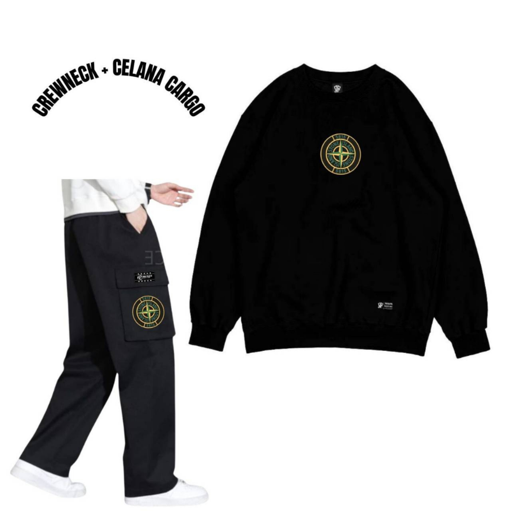 Set Pria Hitam Terbaru 2025 Krunek Cowok Celana Cargo Panjang Setelan Kaos Celana Pria Oneset Switer