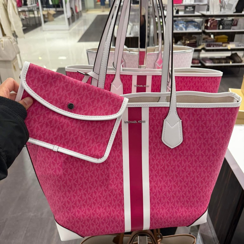 TAS TOTE MK EVA LARGE SINGNATURE LOGO STRIPE TOTE BAG