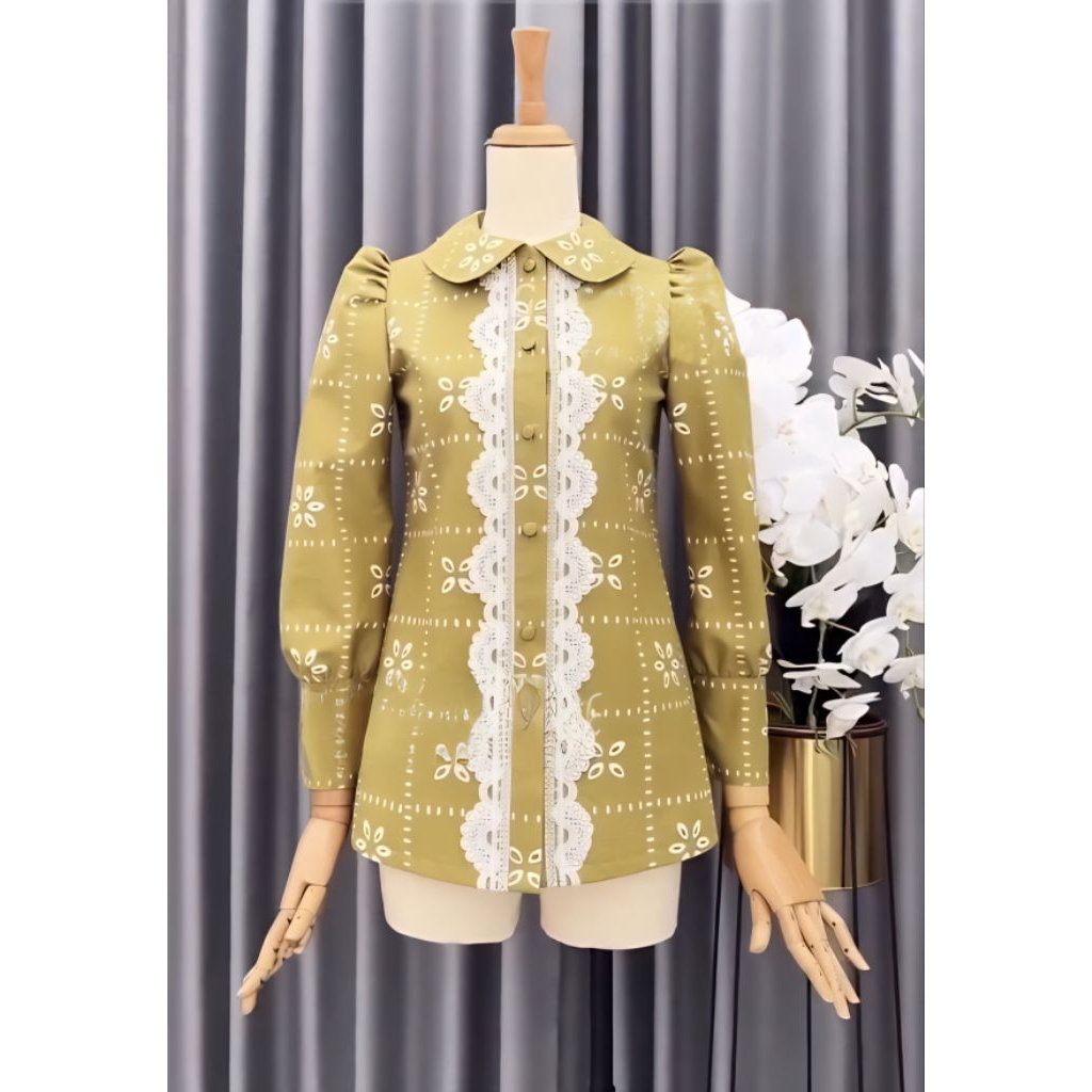TENUN_GAYA batik wanita modern Blouse batik warna hijau olive atasan batik fashion batik baju batik 