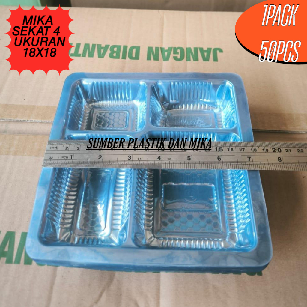 [Grosir 1Karton 1500pcs ] Mika Dalam Dus Nasi 18x18 / 20x20 Mika Sekat 4 Kotak Nasi Catering Box Tra
