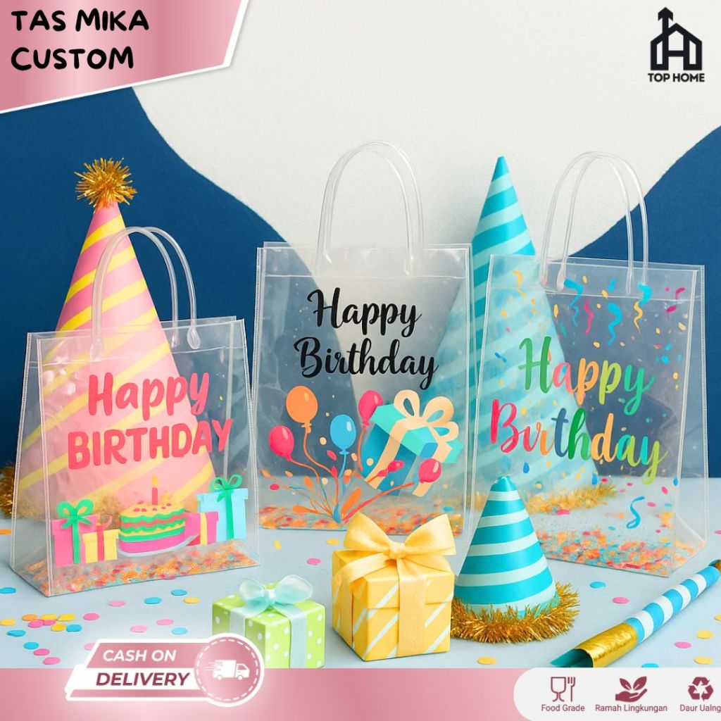 Tas Mika PVC Ulang Tahun / Goodie Bag Ulang Tahun / Tas Souvenir Ulang Tahun / Tas Transparan HBD