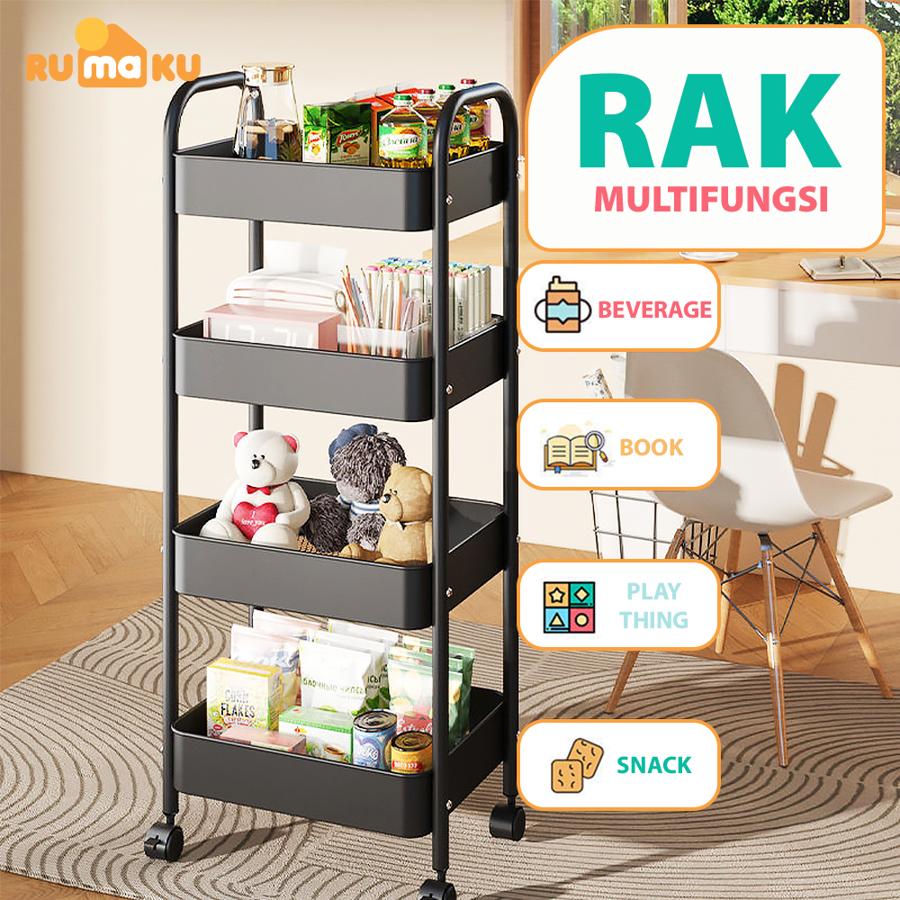 Rumaku Rak Troli Dapur Serbaguna 4 Susun Tingkat Bahan Besi Kokoh Anti Karat