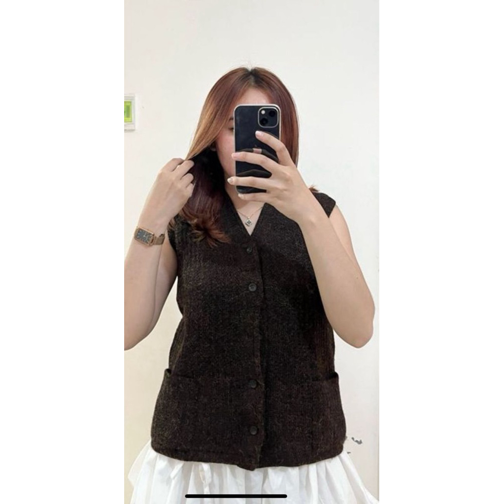 vest rompi wanita rajut import warna coklat kehitaman