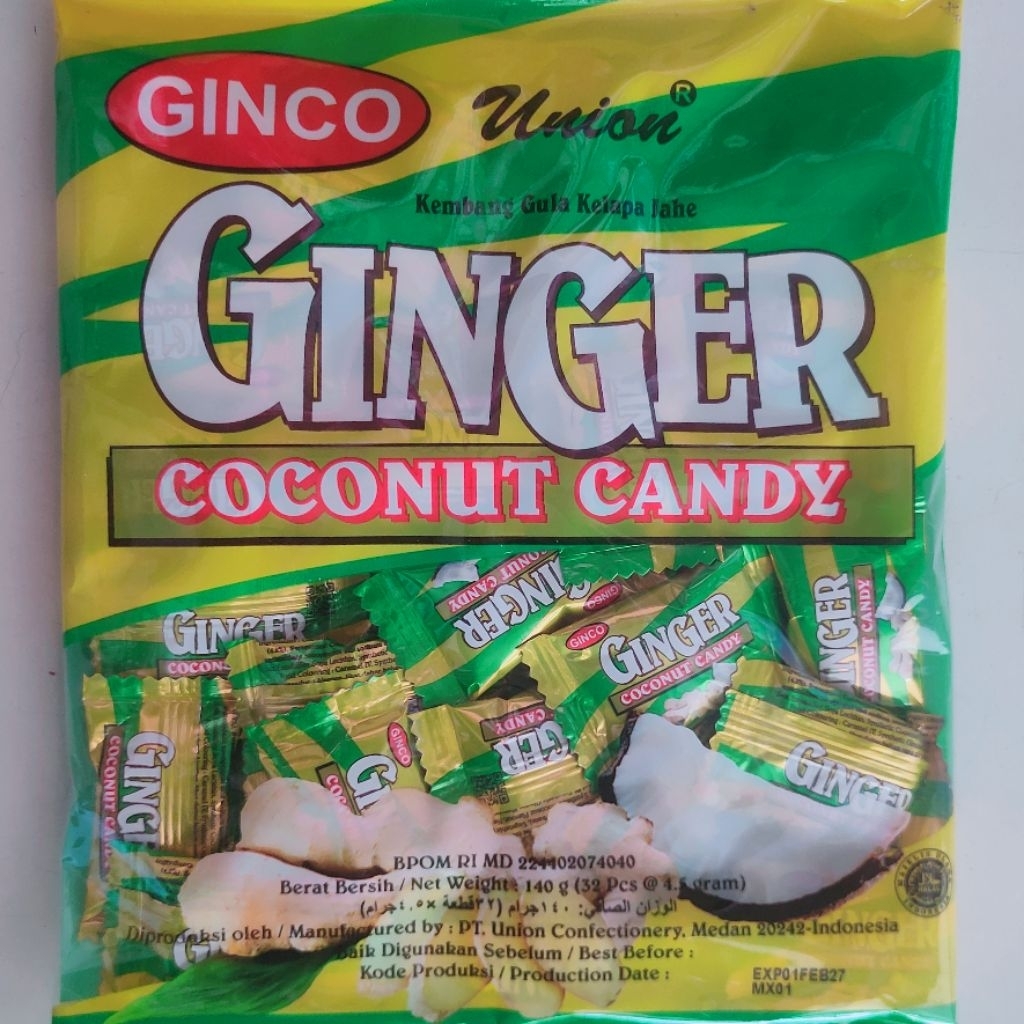 

Ginco Union Ginger coconut candy. permen kelapa jahe isi 32 pcs x 4,5 gram exp 2027