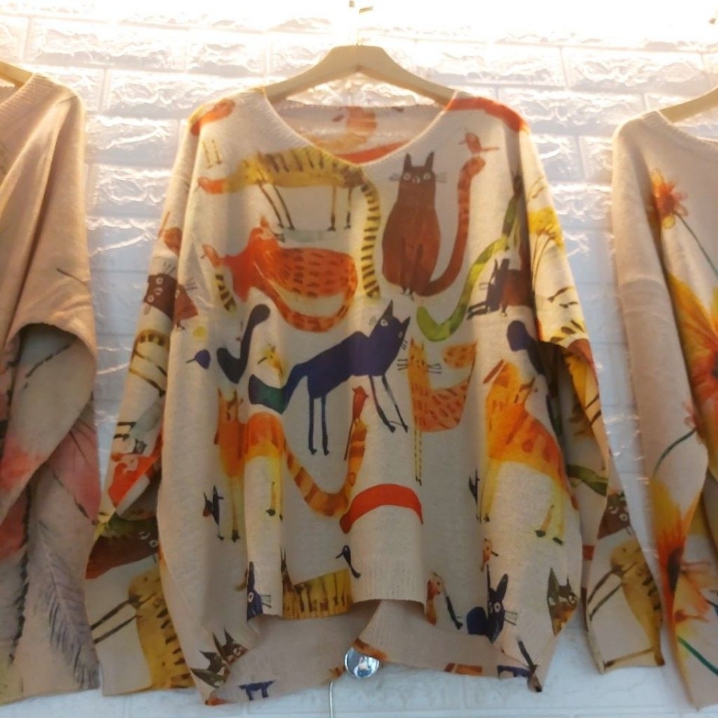Atasan Rajut Printing Motif Kucing