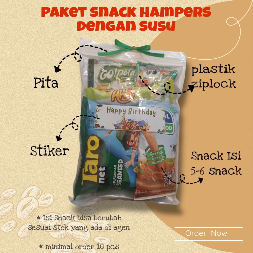 

Paket Snack Hampers Dengan Susu/ Mini Gift Snack Hampers/ Snack Gift Ulang Tahun Min Order 10pcs