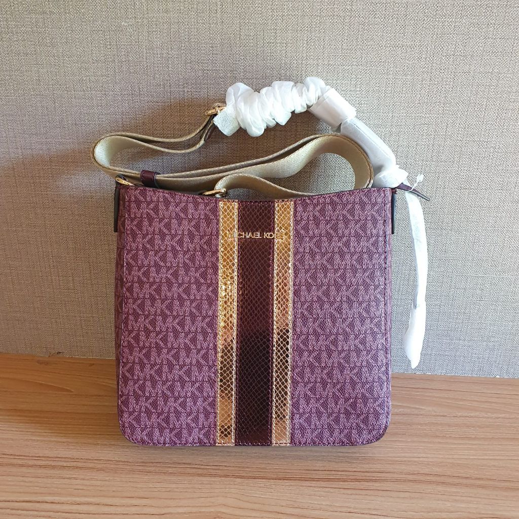 MK Jet Set Travel Small Signature Logo and Metallic Messenger Bag oxblood n