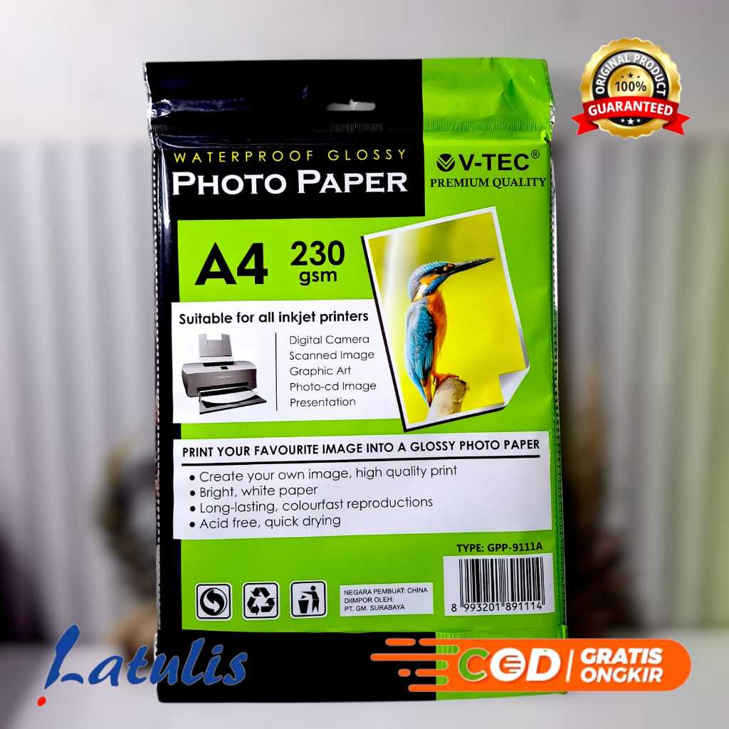 

(1 PACK = 20 LMBR) Kertas Glossy Photo Paper Vtec A4 230 gsm / Kertas Foto / Kertas Photo V-Tec