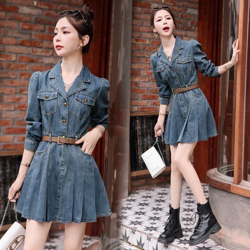 BUYWITHLOVE.ID - AYUNDA JEANS DRESS / Dress Denim Big Size Wanita Lengan Panjang Free Belt / Mini Dr