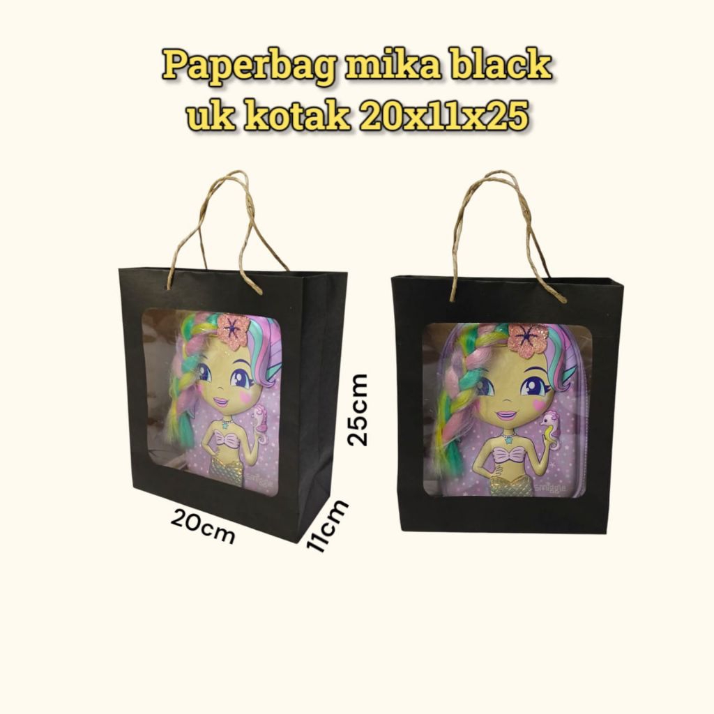 

Paperbag mika window black ukuran kotak 20x11x25 (isi 12pcs)