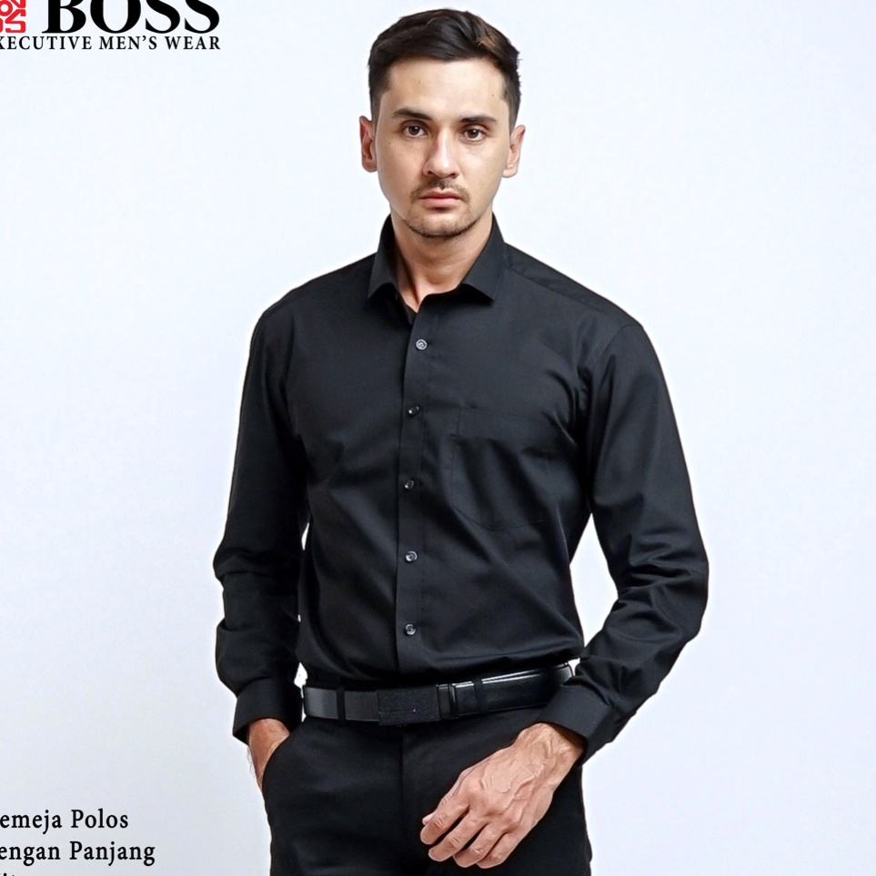 Trendy BOSS Kemeja Polos Pria Lengan Panjang Hitam