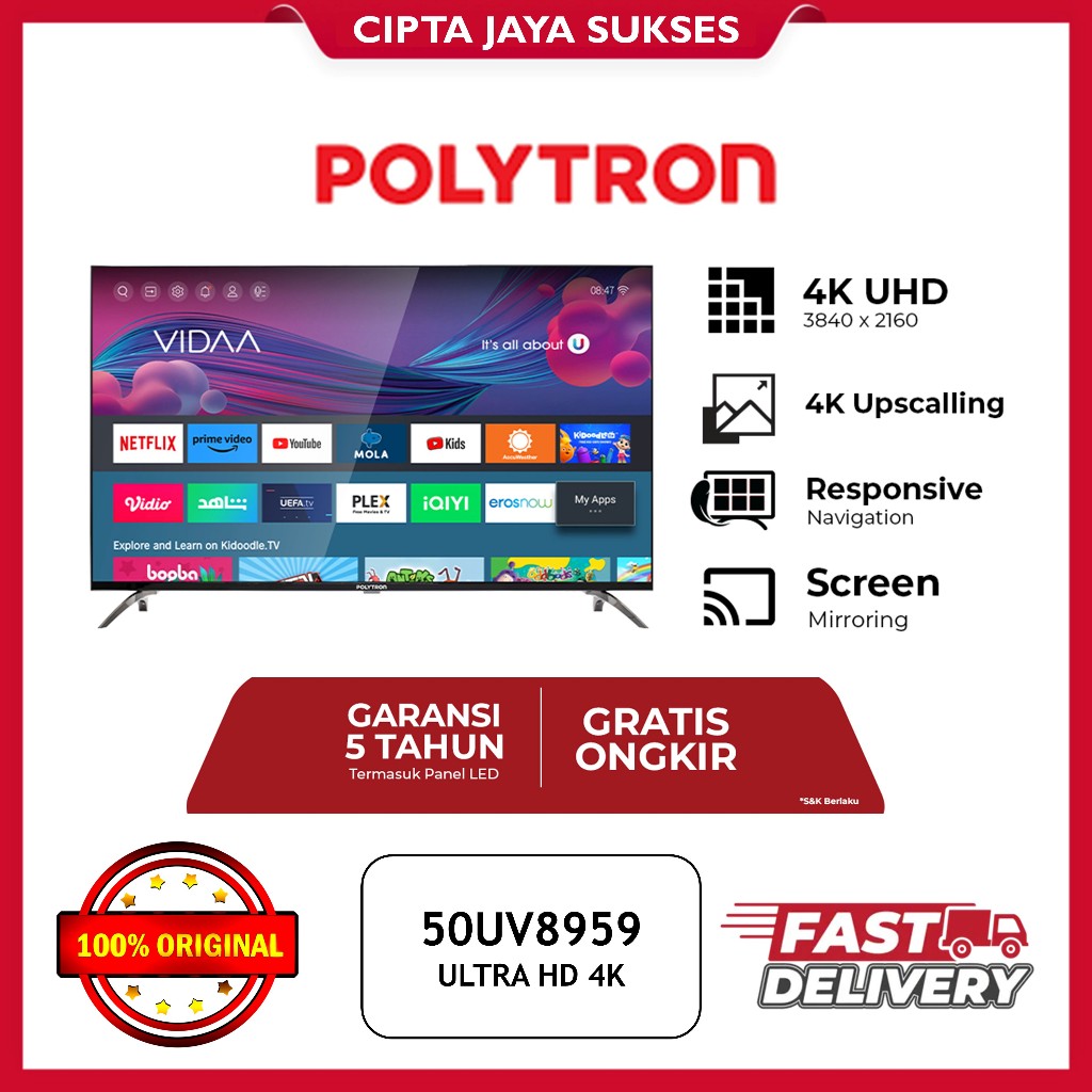 TV POLYTRON 50 INCH SMART TV ULTRA HD 4K GARANSI RESMI 50INCH