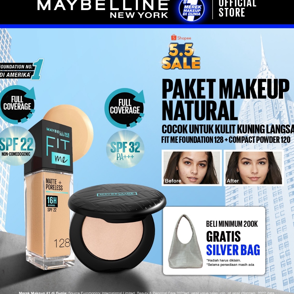 MAYBELLINE OFFICIAL Paket Makeup FACE KULIT KUNING LANGSAT  FIT ME Compact Powder 12  FIT ME Liquid 