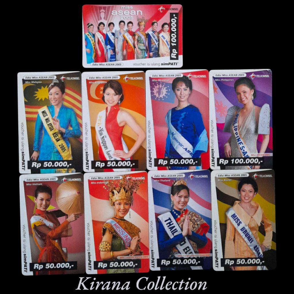 LOT T125 KOLEKSI KARTU TELEPON LAMA INDONESIA VOUCHER SIMPATI EDISI MISS ASEAN 2005 9PCS