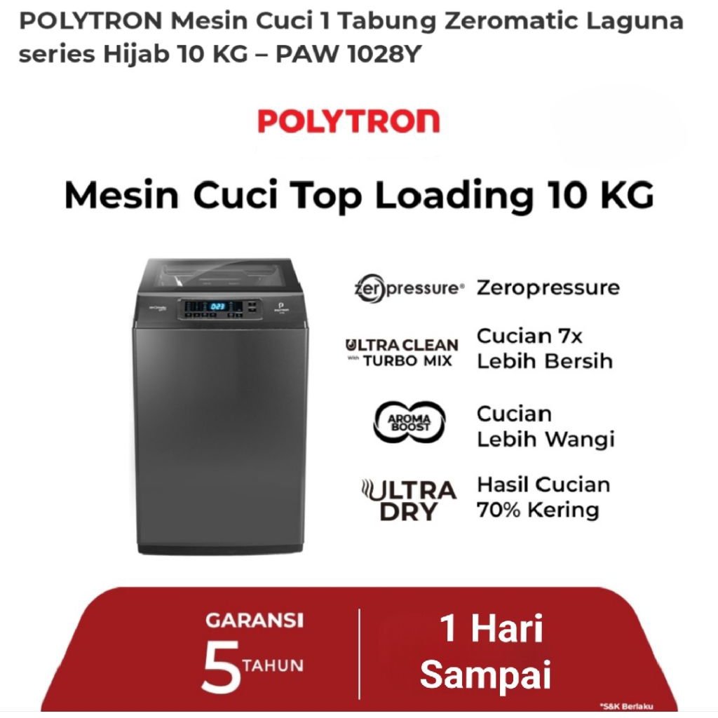 mesin cuci 1 tabung 10kg low watt terbaru Polytron laguna paw 1028y garamsi resmi promo