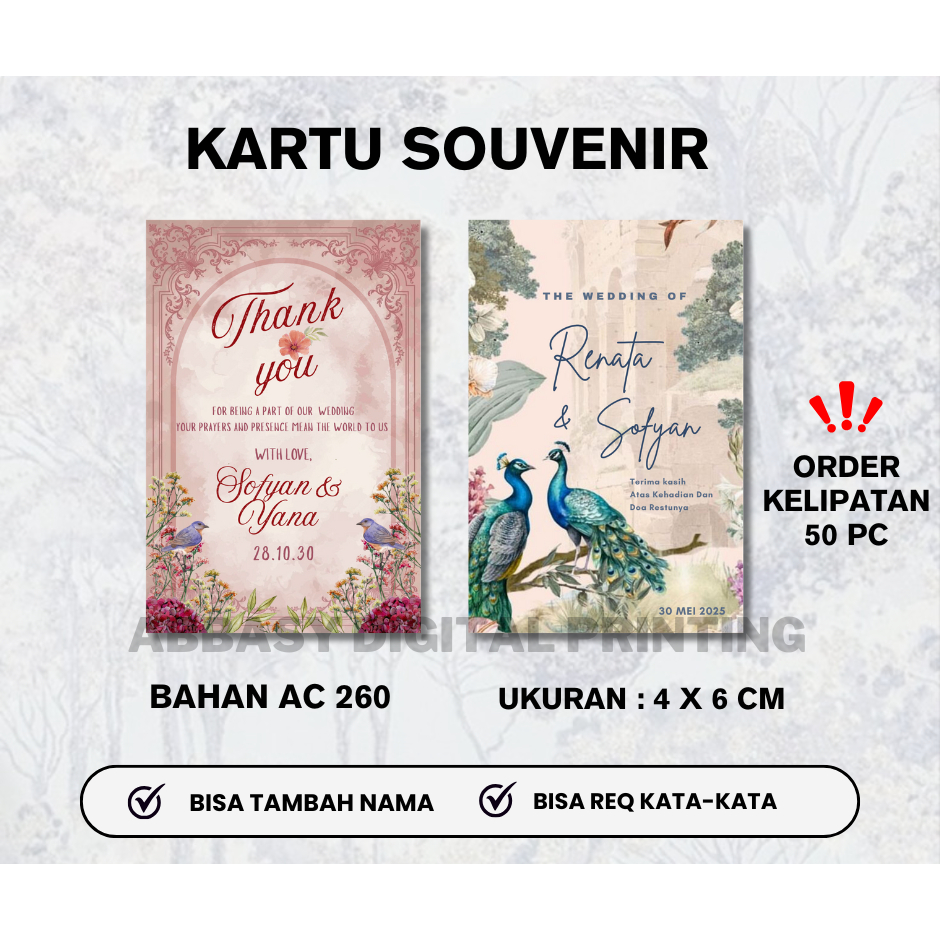 KARTU SOUVENIR PERNIKAHAN UK: 4 X 6  (Tidak Termasuk Tali)