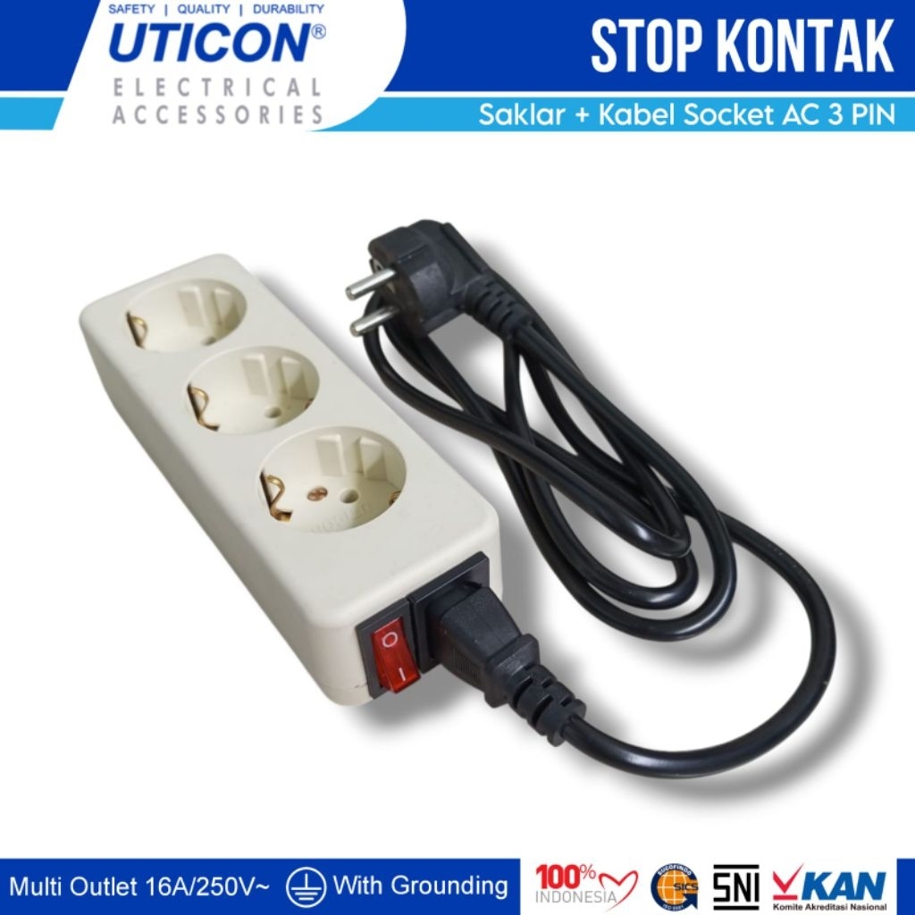 UTICON Stop Kontak Arde Saklar dengan Socket & Kabel AC 3 PIN with Grounding