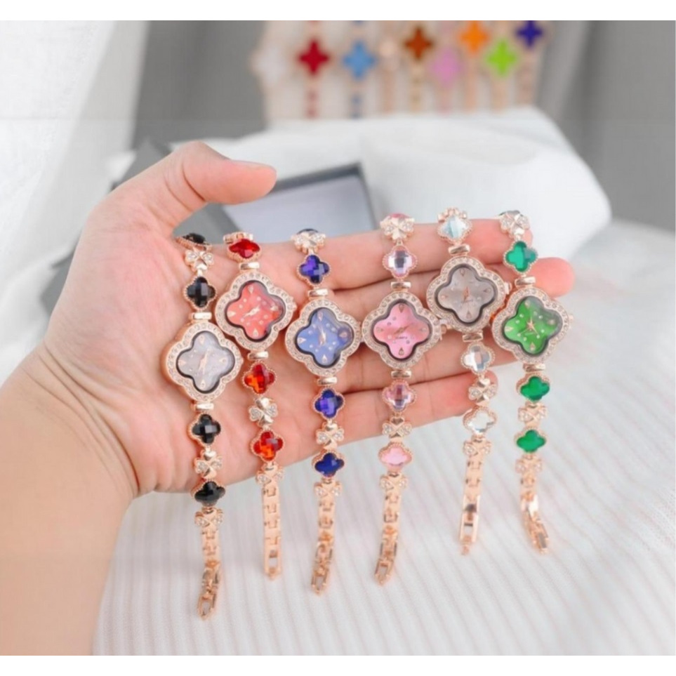 WBS Jam Tangan Serut Mewah Gelang Segi Wanita Analog Quartz Anti Air Rantai Stainless Steel Diamond 