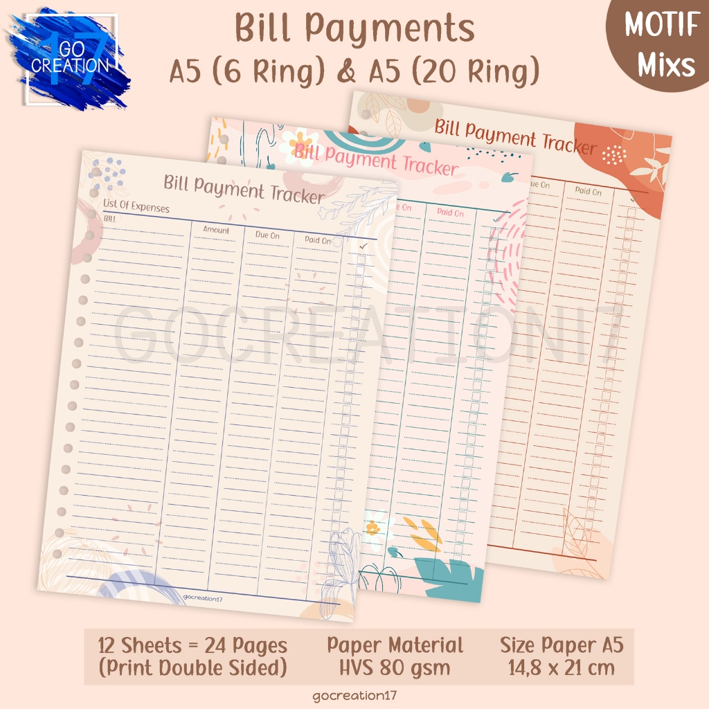

Buku Planner Kertas Isi Binder Bill Payment Tracker Motif A5