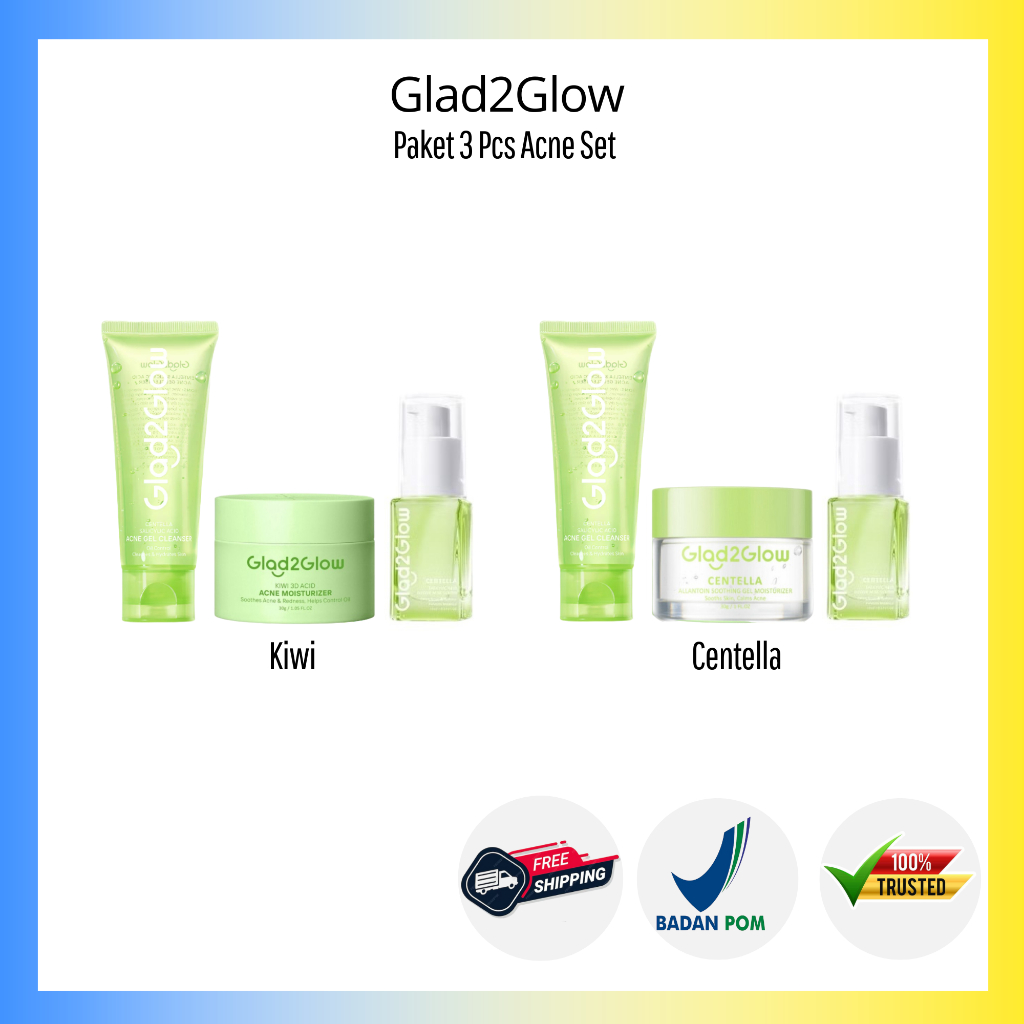 Glad2glow Paket 3pcs - Bundling 3in1 Acne Set - Cleanser Salicylic Acid Kiwi 3D Acid Centella