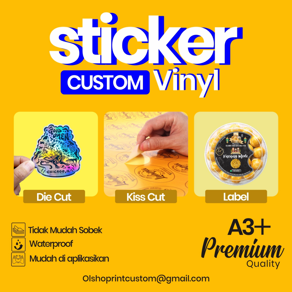 

OLSHOPRINT - Custom Stiker Premium Vinyl A3+ Die Cut Kiss Cut Cetak Sticker Label Kemasan PREMIUM