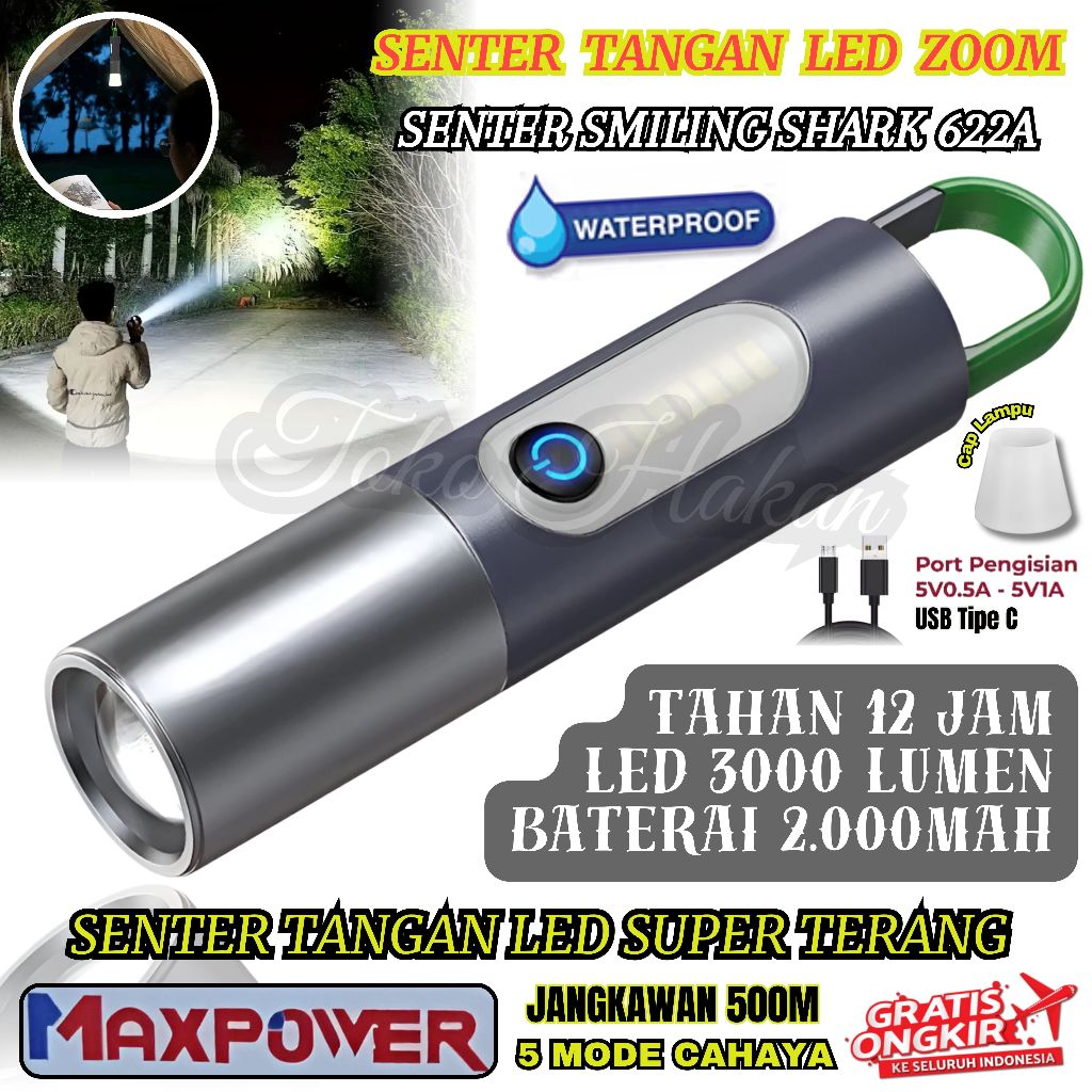Termurah ~Senter LED Super Terang MaxPower Mx-836 Senter Led MAXPOWER Cahaya Putih Tahan lama / Lamp