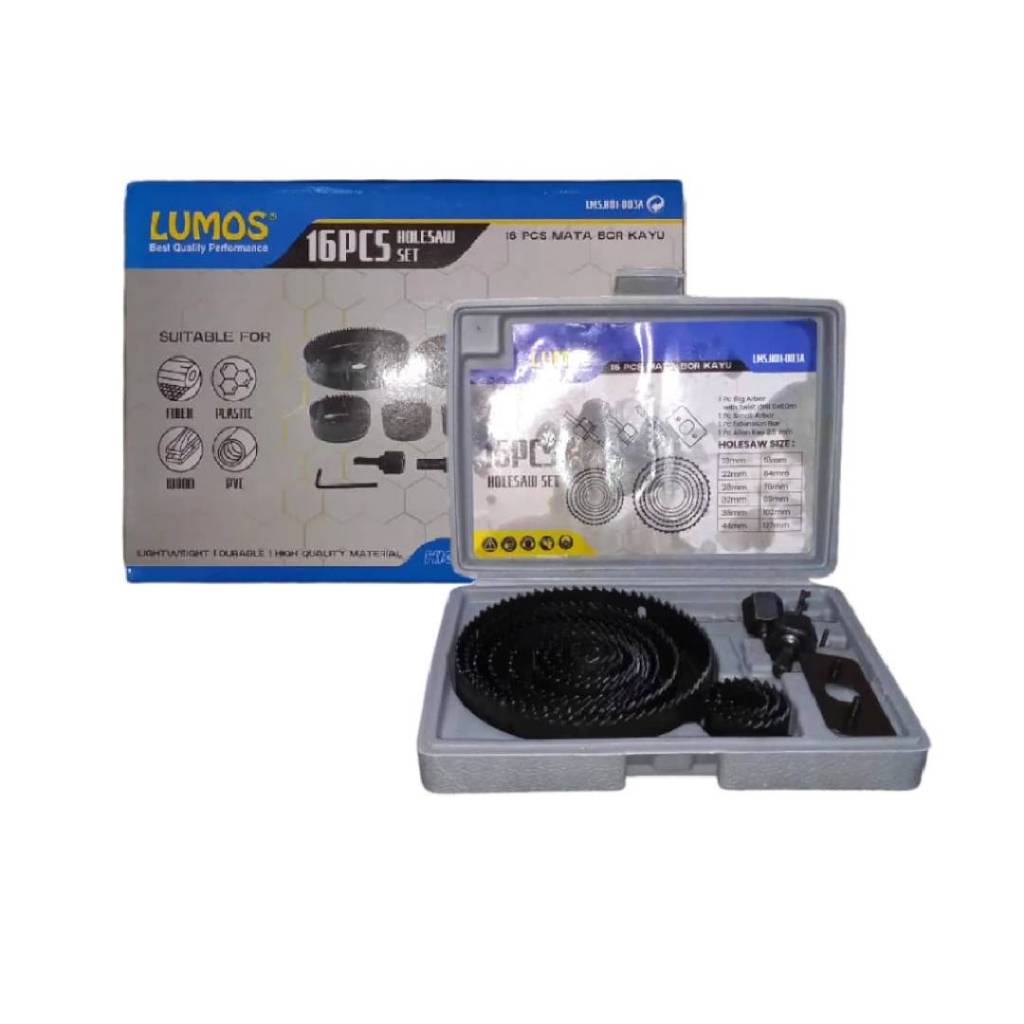 LUMOS HOLE SAW SET 16PCS /MATA BOR HOLE SAW KAYU/PVC/BAJA RINGAN/BERKUALITAS
