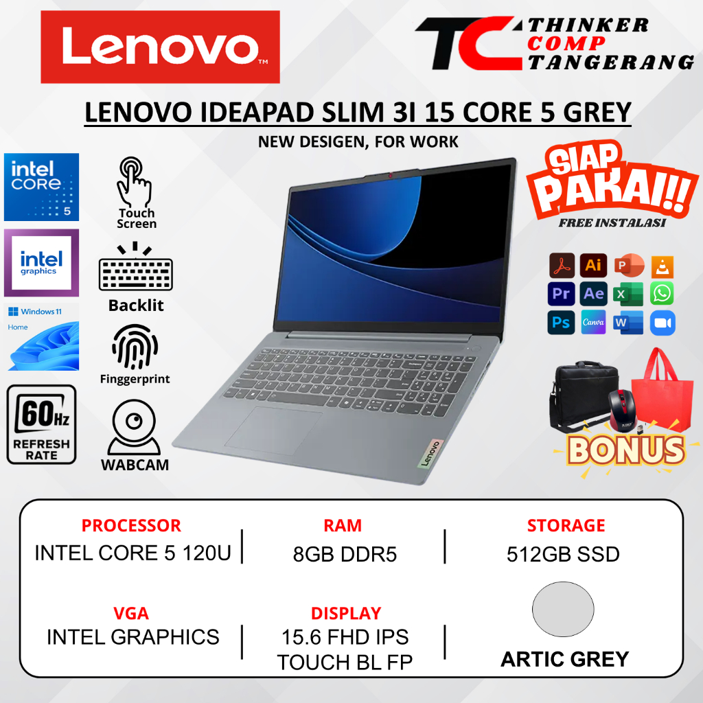 Lenovo Ideapad Slim 3i 15 Intel Core 5 120U 8GB DDR5 512GB FHD IPS Touch Backlit Win11Home