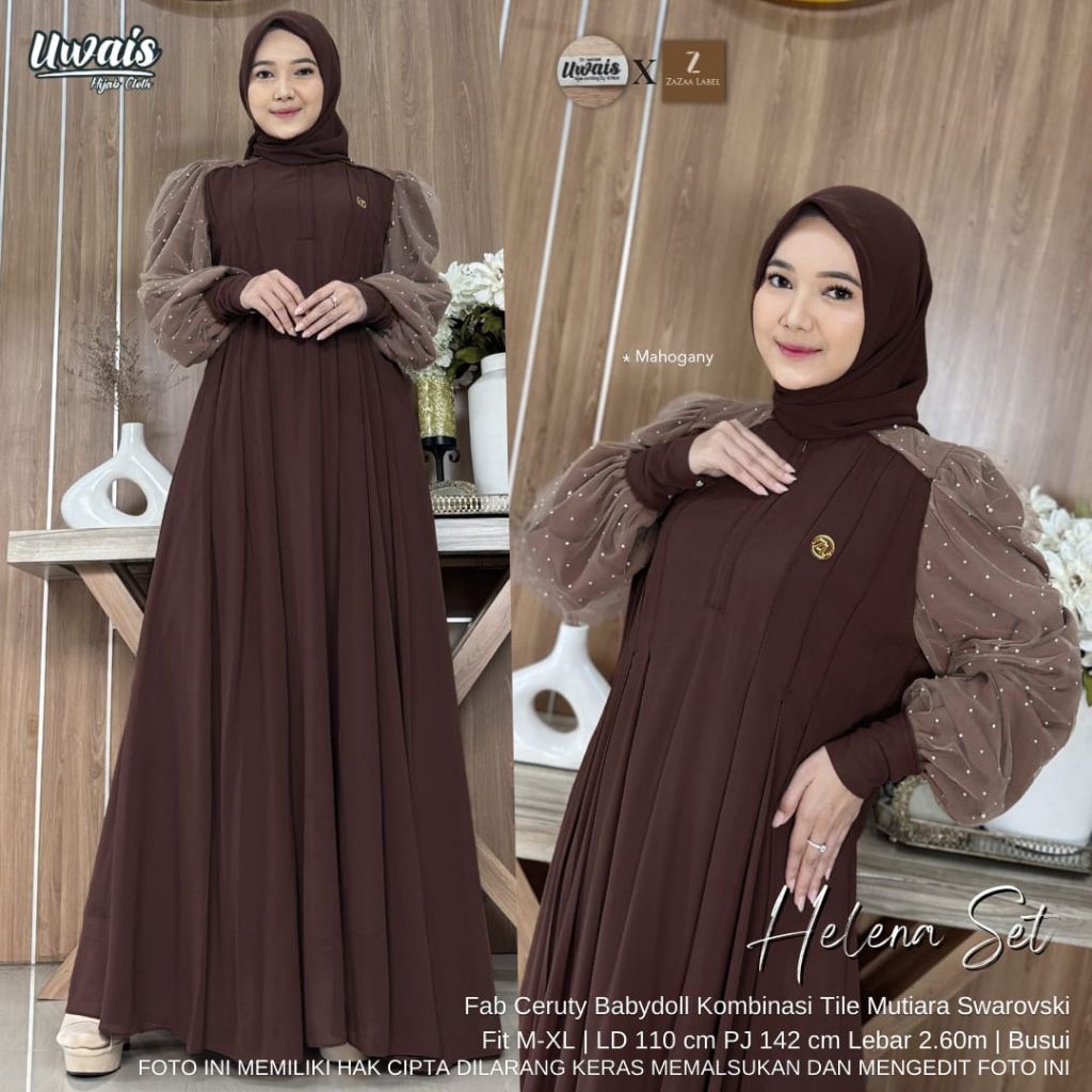 Gamis Muslimah || Helena set jilbab || Ceruty Babydoll || Ld 110 Pj 142 Busui || Ori Uwais