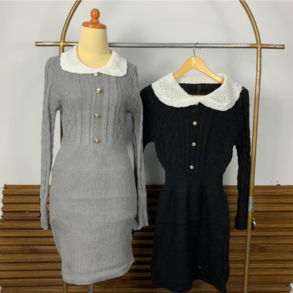 [Hallyu]  Dress Rajut Woll Variasi Kancing Lengan Panjang | Long Dress Knit Tebal Premium | Dress Wa