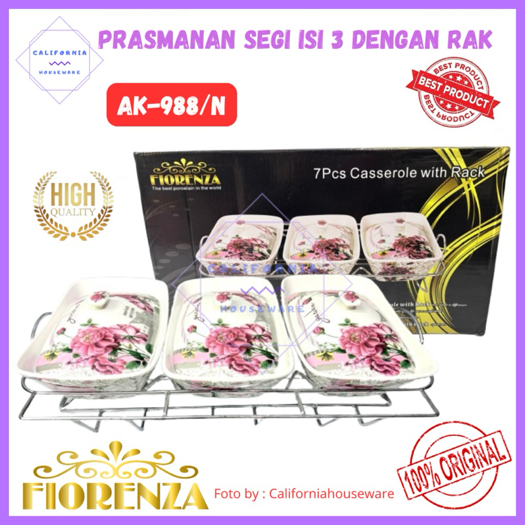 Prasmanan Set Segi Isi 3 + Tutup + Rak Ak 988 N / Prasmanan Keramik FIORENZA / FIORENZA Prasmanan Se