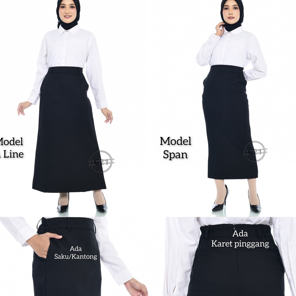 Rok Panjang Hitam Polos Model A line dan Span Pinggang Karet dan Ada Kantong Saku Wanita Bahan Dasar