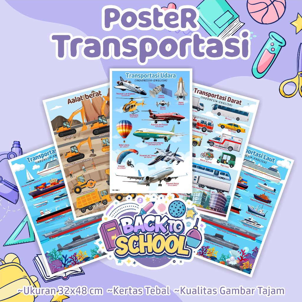 Poster TRANSPORTASI - poster edukasi Kendaaran, poster transportasi darat, transportasi laut