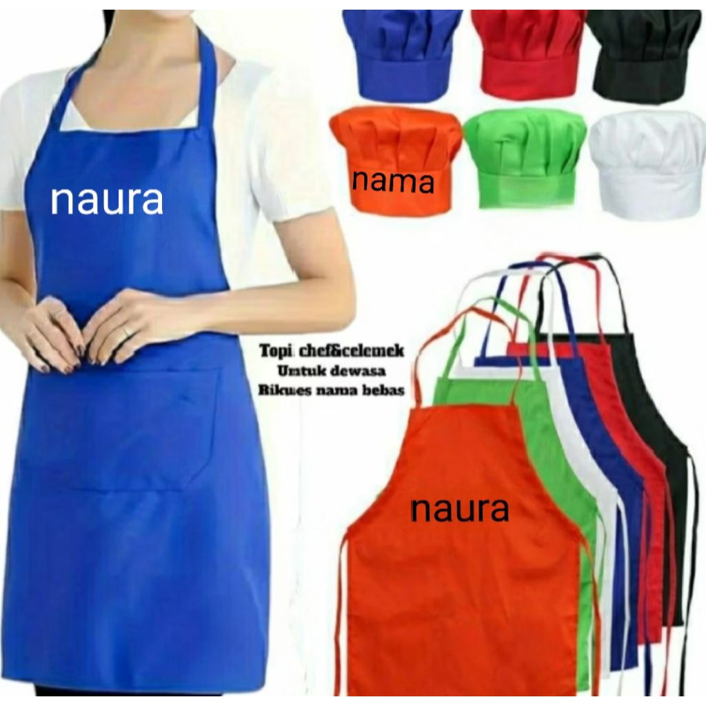 afron dan topi koki dewasa free bordir nama/celemek dan topi chef custom nama