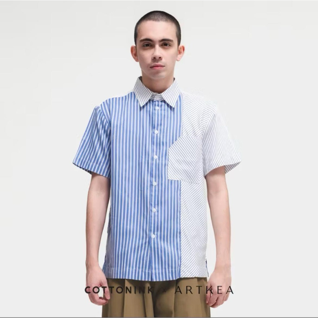 COTTONINK x Artkea - Atasan Kemeja Laki - Laki Navy Striped Truman