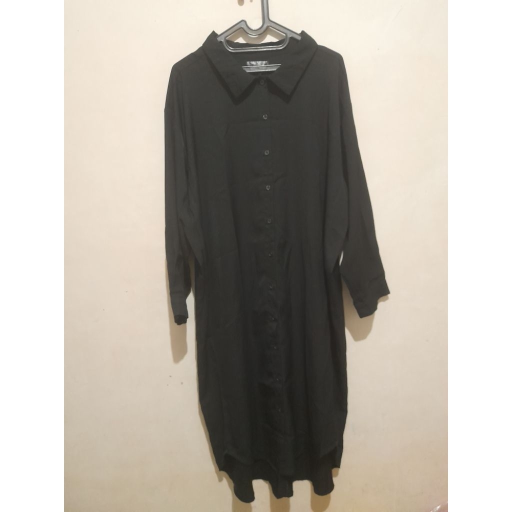 [PRELOVED] TUNIK HITAM DRESS LENGAN BALON FULL KANCING KEMEJA LONG HITAM