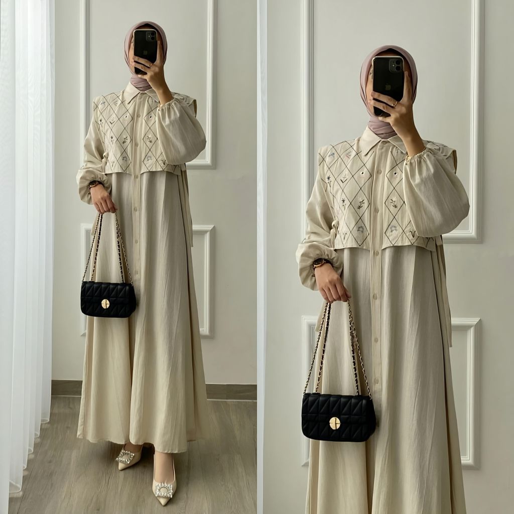 Alen Dress Gamis Linen Bordir Pakaian Gamis Muslim Wanita Gamis Linen Bordir Premium Terbaru 2025