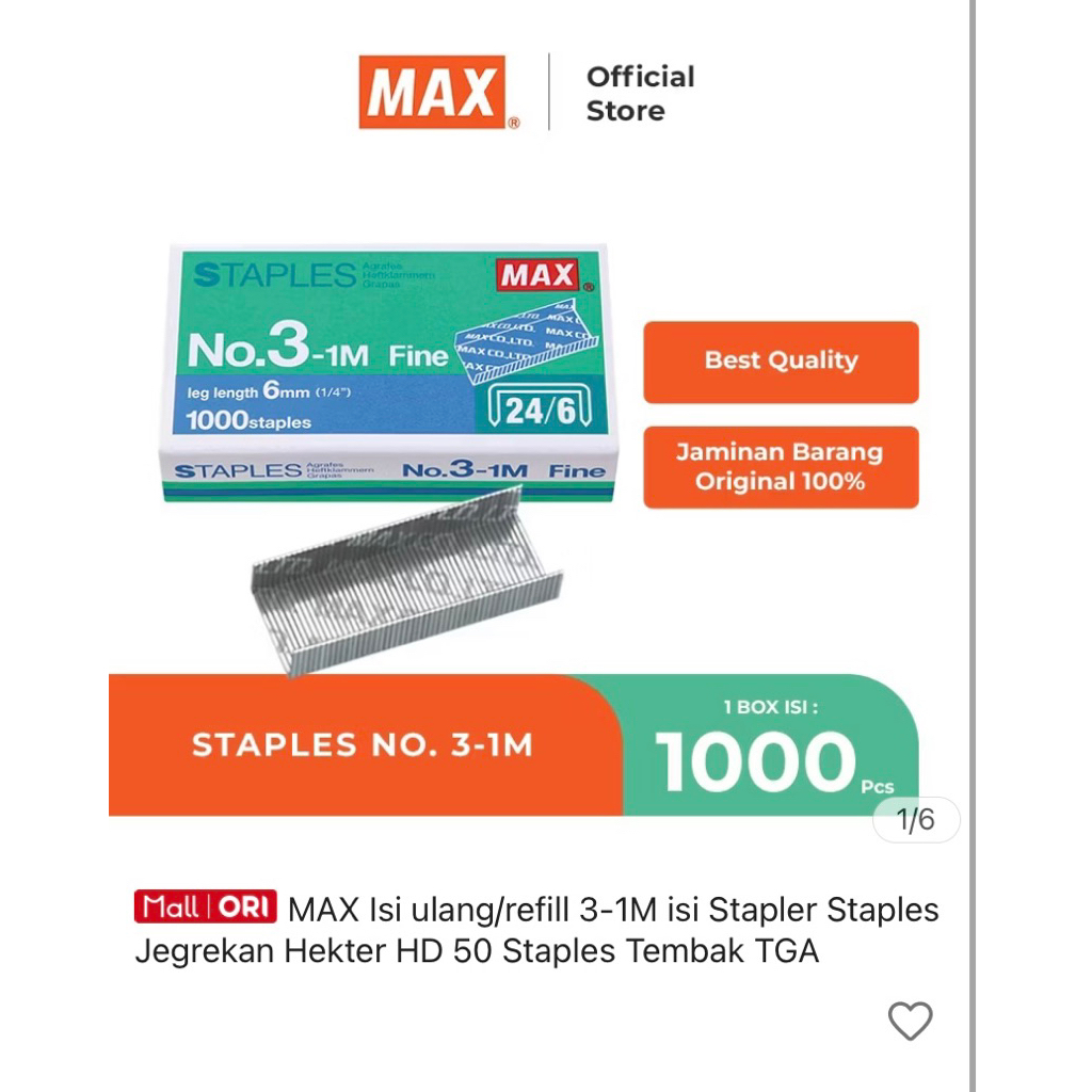

MAX Isi ulang/refill 3-1M isi Stapler Staples Jegrekan Hekter HD 50 Staples Tembak TGA
