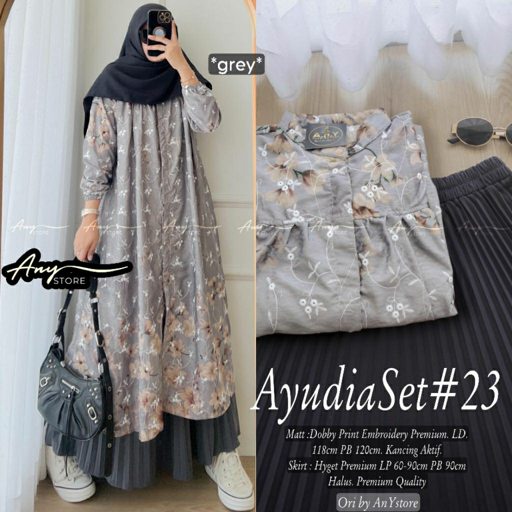 One set tunik motif bunga bordir dewasa remaja set rok plisket ayudia