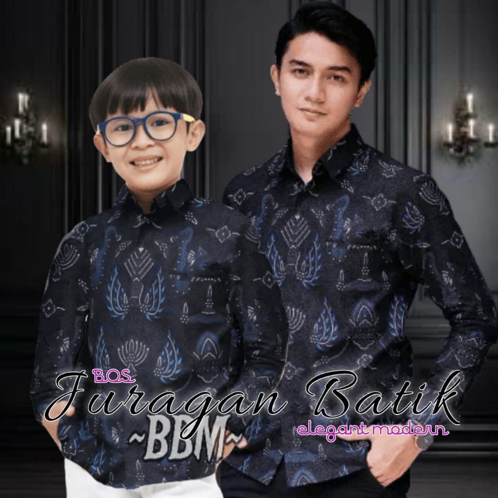 Batik Pria Warna Biru Navy - Batik Couple Ayah Dan Anak Premium - Batik Anak Cowok Cowo Laki-laki