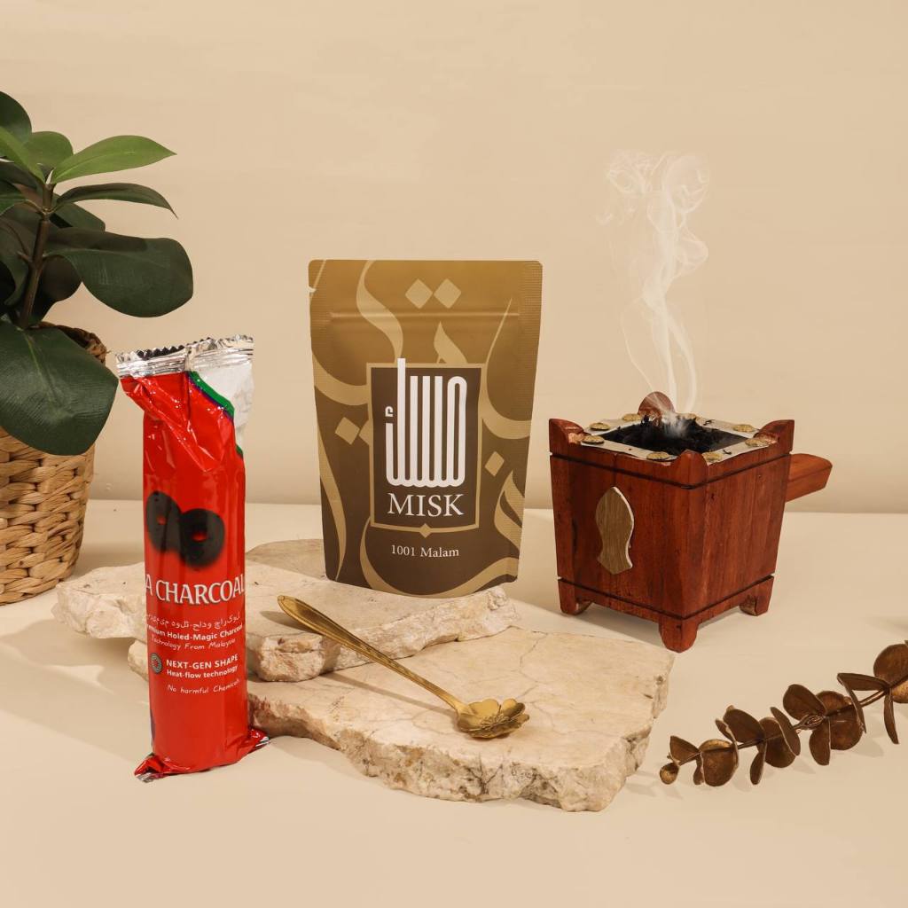 Bukhur wangi tahan lama dan tempat bukhur, 1 pack arang, dan 1 sendok gold