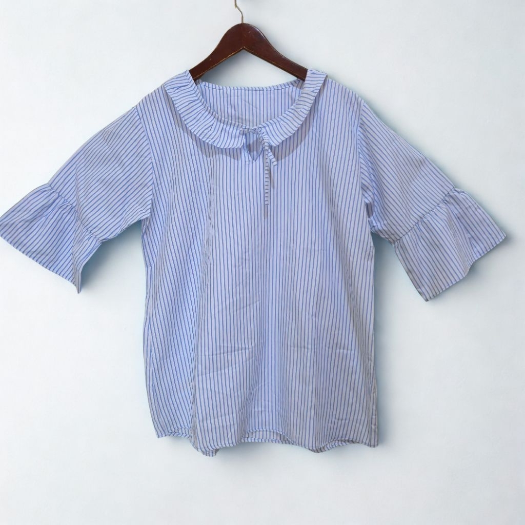 baju atasan wanita garis garis biru